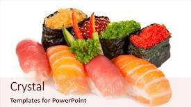  Presentation with hawker food many kind - Presentation design consisting of various kinds of sushi food background and a lemonade colored foreground