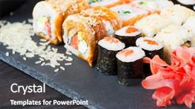  Presentation with sushi - Audience pleasing PPT theme consisting of various kinds of sushi served backdrop and a  colored foreground