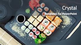  Presentation with black women pray - Theme enhanced with various kinds of sushi served background and a tawny brown colored foreground