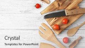  Presentation with utensils - Audience pleasing slide deck consisting of various kitchen utensils on wooden background backdrop and a white colored foreground