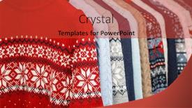  Presentation with knitted clothes - Presentation design enhanced with various knitted turtleneck sweaters and pullovers with norwegian ornament on hanger rack in a clothes store or at a wardrobe selective focus background and a red colored foreground