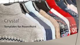  Presentation with knitted clothes - Slide set consisting of various knitted turtleneck sweaters and pullovers with norwegian ornament on hanger rack in a clothes store or at a wardrobe selective focus background and a light gray colored foreground