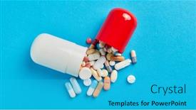  Presentation with drugs - Amazing slide deck having various-medicines-drugs-fall-out backdrop and a cyan colored foreground