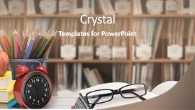  Presentation with school desk - PPT layouts with various multi colored books background and a coral colored foreground