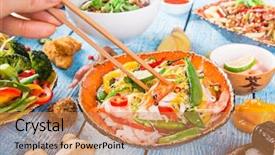  Presentation with food meals - Audience pleasing presentation theme consisting of various of asian meals on rustic background place for text asian food concept backdrop and a coral colored foreground