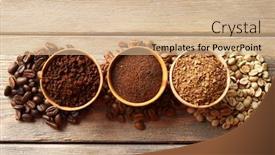  Presentation with coffee - Colorful presentation theme enhanced with various of coffee in small dishes on wooden table top view backdrop and a coral colored foreground