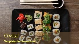  Presentation with chopsticks - Audience pleasing slide deck consisting of various of sushi rolls with chopsticks on wooden table backdrop and a tawny brown colored foreground