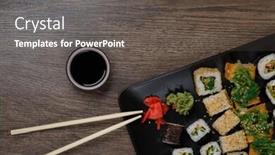  Presentation with chopsticks - Cool new slides with various of sushi rolls with chopsticks on wooden table backdrop and a dark gray colored foreground