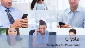  Presentation with people collage - Colorful presentation design enhanced with various pictures showing people backdrop and a light blue colored foreground