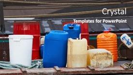  Presentation with fuel plastic - Audience pleasing PPT theme consisting of various plastic cans with chemicals and fuel in a ship harbor backdrop and a dark gray colored foreground