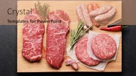  Presentation with burgers - PPT theme enhanced with various-raw-meat-steaks-sausages background and a coral colored foreground