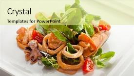  Presentation with seafood - Presentation theme featuring various seafood salad with freshness green leaf and cherry tomato background and a blonde colored foreground