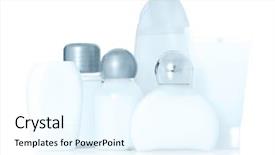  Presentation with shampoo - Audience pleasing theme consisting of various shampoo and lotion bottles blue tone all on white background backdrop and a cool aqua colored foreground