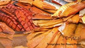  Presentation with healthy eating - Presentation design having various-smoked-fish-products-healthy background and a gold colored foreground