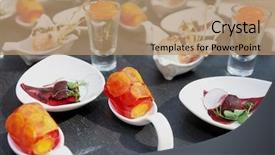 Presentation with banquet - PPT theme consisting of various snacks on a banquet table background and a coral colored foreground