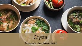  Presentation with noodles - Colorful PPT theme enhanced with various southeast asian dishes noodles backdrop and a coral colored foreground