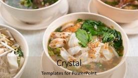  Presentation with noodles - Beautiful PPT layouts featuring various southeast asian dishes noodles backdrop and a coral colored foreground