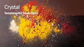  Presentation with empty of wood table top - Beautiful theme featuring black background colourful - various spices on stone table backdrop and a tawny brown colored foreground