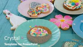  Presentation with foods - PPT theme having various sweet foods and confectioneries on wooden surface background and a teal colored foreground