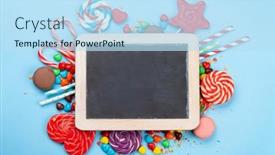  Presentation with candy - Colorful presentation enhanced with various-sweets-assortment-candy-bonbon backdrop and a sky blue colored foreground