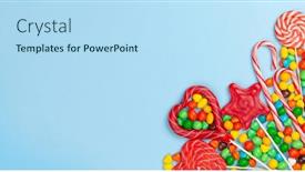  Presentation with candy - Colorful PPT theme enhanced with various-sweets-assortment-candy-bonbon backdrop and a light blue colored foreground