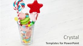  Presentation with sweets - PPT theme featuring various-sweets-assortment-candy-bonbon background and a sky blue colored foreground