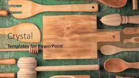  Presentation with kitchen utensils - Slide set with kitchen utensils on color table background and a coral colored foreground