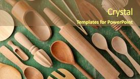  Presentation with cooking equipment kitchen utensils - Cool new PPT theme with household items - various wooden kitchen utensils backdrop and a tawny brown colored foreground
