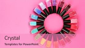 Presentation with nail - PPT theme enhanced with varnish - group of bright nail polishes background and a coral colored foreground