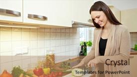  Presentation with cost cutting - Cool new presentation theme with vars - happy woman cutting kohlrabi brassica backdrop and a coral colored foreground