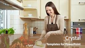  Presentation with happy smiling woman dental health - Presentation theme enhanced with vars - happy woman cutting kohlrabi brassica background and a coral colored foreground