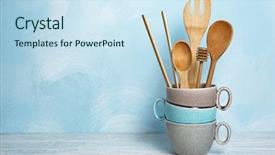  Presentation with kitchen utensils - Colorful presentation enhanced with vase on table against blue backdrop and a sky blue colored foreground