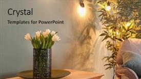  Presentation with wooden board empty table top - Presentation theme consisting of vase with bouquet of tulips background and a  colored foreground