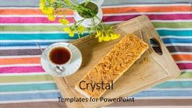  Presentation with porcelain - Colorful PPT theme enhanced with vase with daisies and porcelain cup with hot tea white cheesecake sprinkled with sweet crumbs professional bakery backdrop and a coral colored foreground