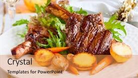  Presentation with veal - Presentation theme featuring veal chop with vegetables for christmas dinner background and a gold colored foreground