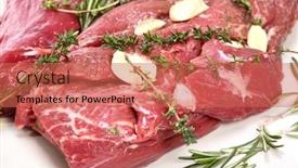  Presentation with veal - Slides featuring veal fillet with aromatic herbs thyme garlic and rosemary background and a coral colored foreground