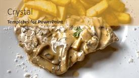  Presentation with veal - PPT theme enhanced with veal-steak-prepared-with-mushrooms background and a gold colored foreground