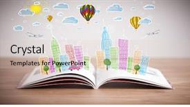  Presentation with open book spiral - Audience pleasing presentation theme consisting of vector - colorful cityscape drawing on open backdrop and a lemonade colored foreground