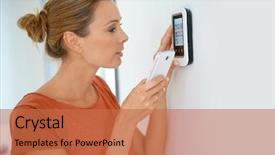  Presentation with vector control - Amazing PPT theme having vector - woman using smartphone to control backdrop and a coral colored foreground