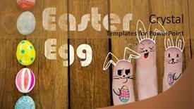  Presentation with vector - Presentation theme having vector image of fingers representing easter bunny against painted easter eggs on table background and a gold colored foreground