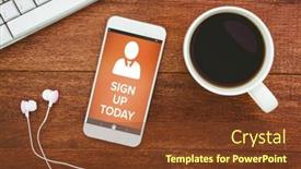  Presentation with vector - Slide deck consisting of vector image of sign up now text with human icon against view of a mug of coffee and a smartphone background and a tawny brown colored foreground