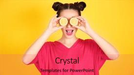  Presentation with modern eye glasses on yellow - Colorful presentation design enhanced with veg - beautiful young woman with lemon backdrop and a red colored foreground