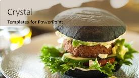  Presentation with vegan burger - Audience pleasing presentation design consisting of vegan-burger-black-bun-tofu backdrop and a coral colored foreground