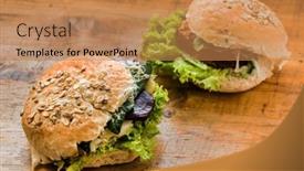  Presentation with vegan burger - PPT theme enhanced with vegan-burger-on-the-wooden background and a coral colored foreground