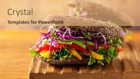  Presentation with vegan burger - Theme featuring vegan burger or sandwiches with rye bread different vegetables and sprouts concept of healthy eating or vegetarian food background and a coral colored foreground