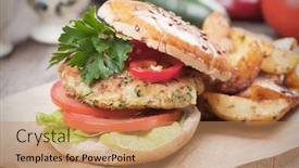  Presentation with vegan burger - Presentation design with tomato and lettuce healthy background and a coral colored foreground