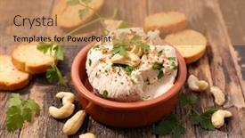  Presentation with vegan - Audience pleasing PPT theme consisting of vegan-cheese-and-bread backdrop and a coral colored foreground