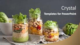  Presentation with couscous - Theme consisting of vegan couscous and pasta salad in mason jars with vegetables beans background and a dark gray colored foreground