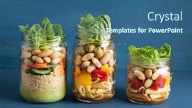  Presentation with couscous - Slide deck consisting of vegan couscous and pasta salad in mason jars with vegetables beans background and a ocean colored foreground