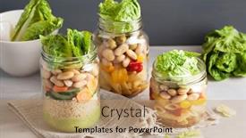  Presentation with couscous - Colorful presentation enhanced with vegan couscous and pasta salad in mason jars with vegetables beans backdrop and a coral colored foreground